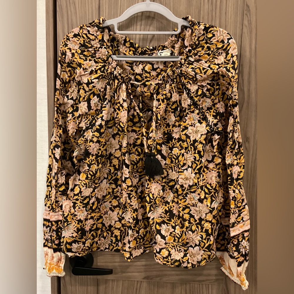 Billabong Womens Long Sleeve Floral V Tie Neck Blouse Size L - Picture 1 of 9